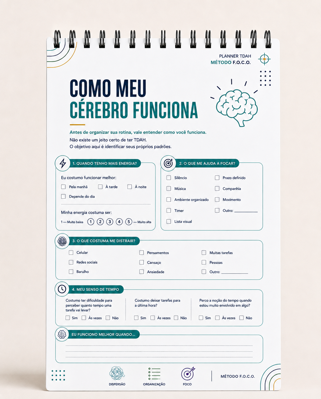 Página 'Como meu cérebro funciona' do Planner TDAH encadernado com espiral
