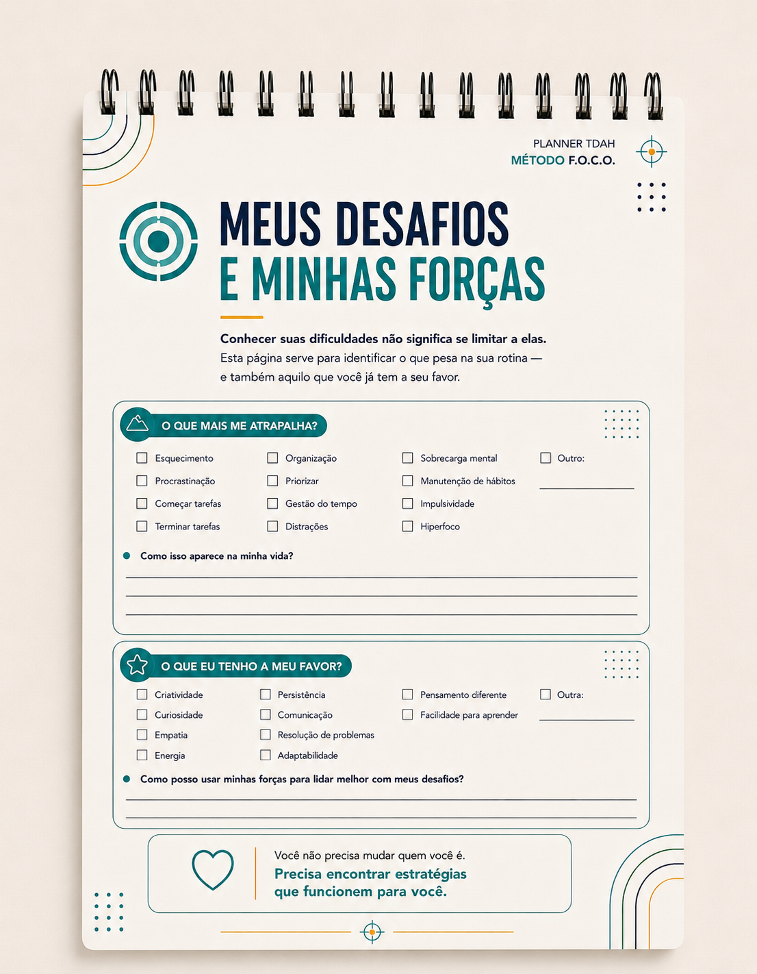Página 'Meus desafios e minhas forças' do Planner TDAH encadernado com espiral