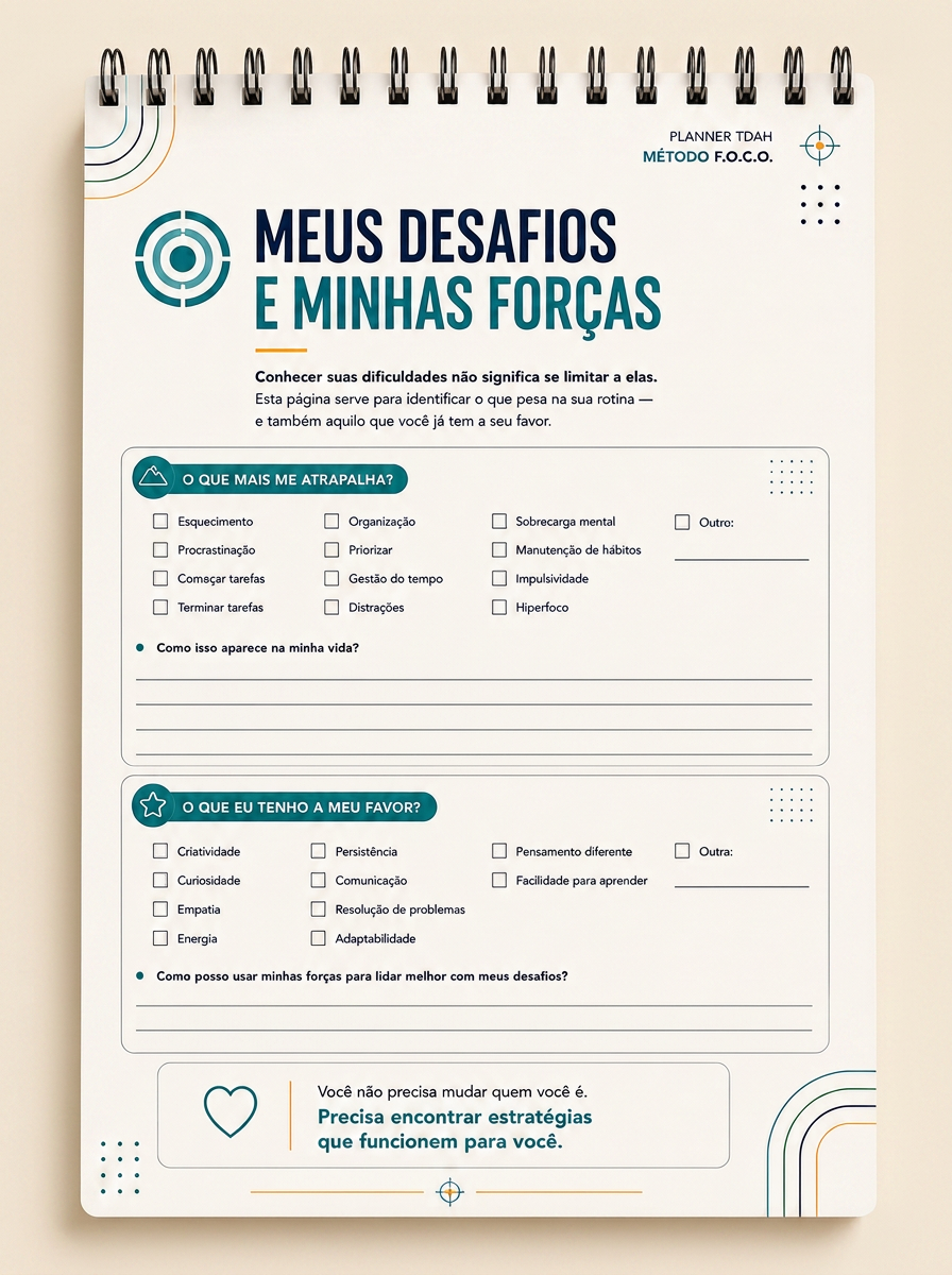 Página 'Meus desafios e minhas forças' do Planner TDAH encadernado com espiral